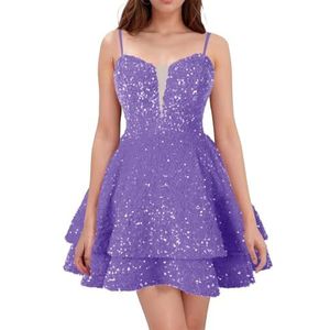 WSEYU Spaghetti Bandjes Homecoming Jurken Korte Sprankelende Pailletten Bruidsmeisje Afstuderen Cocktail Party Prom Gown ZM290, Lavendel, 32