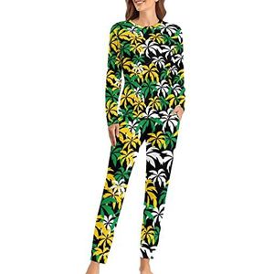 Palmbomen in Jamaica Zachte damespyjama met lange mouwen warme pasvorm pyjama loungewear sets met zakken 4XL