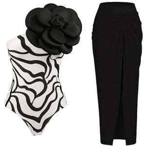Dames Retro Romperbadpak met Cover-up Rokken, 3D Grote Bloemdecoratie, Sexy Badpak met Één Schouder en Ruches(Color:Black,Size:M)