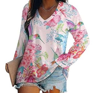 Tropische bloemen en kolibries nieuwigheid vrouwen blouse tops V-hals tuniek t-shirt voor legging lange mouw casual trui