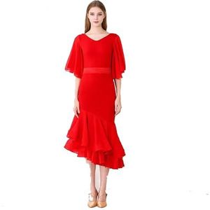 MLYYX Dames V-Neck Ballroom Performance Dance Dress Mid-Length Sheeves Waltz Training Dancing Outfits Moderne Cha Cha-Kostuums,Rood,L