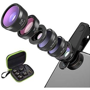 Telefooncameralens, 6-in-1, draagbare 210 °Fisheye-lens, sterfilter objectief, 120 ° groothoeklens, 2-voudige zoom telelens, 15-voudige macrolens, CPL-objectiefkit met clip voor mobiele telefoon