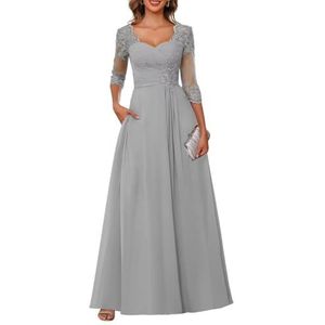 Dames chiffon moeder van de bruid jurk voor bruiloft ruches galajurken cocktailjurk plus size, Zilver, 32