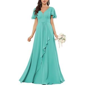 HPPEE Flutter Mouw V-hals Chiffon Bruidsmeisjesjurken voor Vrouwen Ruches A-lijn Maid of Honor Formele Avondjurk, Turkoois, 40