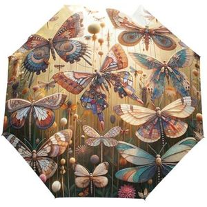 ODAWA Winddichte draagbare paraplu, vlinders en libellen, boho, automatische opvouwbare lichtgewicht reisparaplu's voor dames en heren