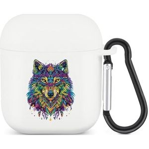Mooie Wolf Gezicht Etnische Tribal Ontwerp Leuke Case Voor AirPods 2&1 Shockproof Beschermende Hoofdtelefoon Gevallen Cover Met Sleutelhanger Voor Mannen Vrouwen