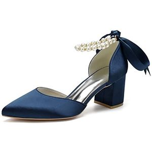 Dames Mid Chunky Blokhakken Trouwjurk Schoenen Parels Enkelbandje Bruidspumps Puntige neus Avondfeest Sandalen,Marine,36 EU