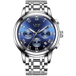LIGE Horloges heren waterdicht roestvrij staal chronograaf sport analoog kwartshorloge mannen luxe merk mode polshorloge man, Zilverblauw., armband