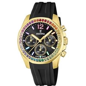 Festina Dames analoog kwarts horloge met siliconen armband F20650/3, zwart-goud