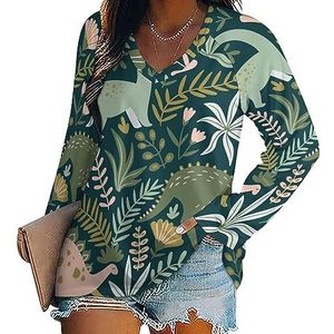 Dinosaurussen Leuke Dino Dames Casual Lange Mouw T-shirts V-hals Gedrukt Grafische Blouses Tee Tops M