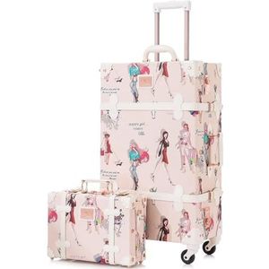 Koffer 2-delige Vintage Kofferset, Schattige Reisbagage Met 30 Cm Handtas, Hardside Kunstleer Bagage (Color : A, Size : 26""+12"")