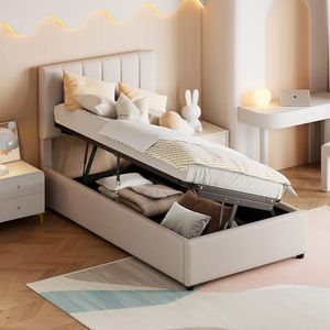 YuQozii Kinderbed, gestoffeerd bed, 90 x 200 cm, hydraulisch opbergbed, huidvriendelijk linnen stapelbed (beige)