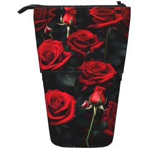 Nbtghga Rose Bloem Print Potlood Telescopische Klassieke Kunsten Stand Up Potlood Case Organizer Potlood Houder Make-up Tas Gift, Zwart, Eén maat