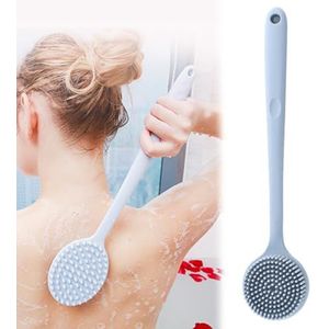 Ergonomische siliconen badborstel met lang handvat voor comfortabele thuisdouche, blauwe lichaamsrugborstel