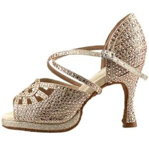 UBOHUZ Shining Latin Dans Schoenen Vrouwen Ballroom Parel Hoge Hak 9Cm Waltz Zachte Ware Voor Praktijk, Goud, 43.5 EU
