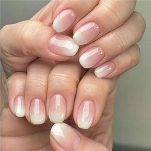 Eenvoudige vierkante nepnagels met geleilijm, roze en witte French press-on nepnagels met kleurverloop, korte nageltips met volledige dekking(3578,S)