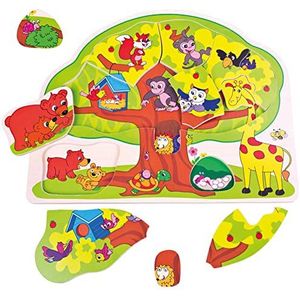 Bino kinderpuzzel, motoriekspel (boompuzzel met verschillende wilde dieren, 12-delig kinderspeelgoed, legpuzzel van hoogwaardig hout, bevordert de motoriek, verhoogt de kennis), meerkleurig