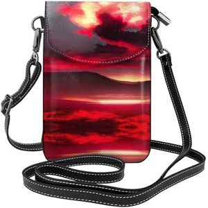 Rode en rozen stijlvolle lederen crossbody flip case, vrouwen ruime telefoon tas, mobiele telefoon case tas, Rode hemel bij nacht sterrenhemel, Eén maat