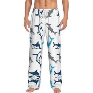 Sharks Lange loungewear voor heren, nachtkleding, pyjamabroek, nachtkleding met zakken en trekkoord, Wit, S