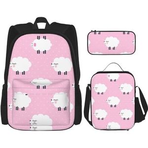 SUHNGE Cartoon Llama Alpaca Print School Casual Rugzak 3 in 1 Boekentas Set Geïsoleerde Lunch Tas Schooltas Potlood Case, Roze Schapen, Eén maat