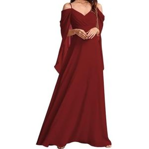 AHERKLL Koude Schouder Bruidsmeisjes Jurken voor Bruiloft Spaghetti Band Chiffon Formele Avond Party Maxi Jurk Lange HAH049, Bordeaux, 32