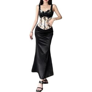 Dames Y2K rokset, zomer spaghettibandje strik-top jurk bodycon halterjurk handgemaakte feestjurken(Color:Black,Size:L)