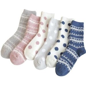 yeeplant Gezellige ademende ronde sokken 6-paar set - schattige stippen en gestreepte zachte pluizige warme donzige slaapsokken, Meerkleurig, Eén Maat