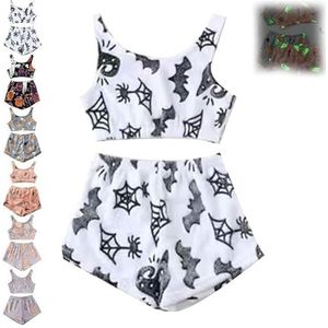 Halloween Vest Pyjama Set Dames Vest En Shorts Pyjama Set, Horror Vest Pyjama Set, Flanel Halloween Pyjama Set Print Glow-in-The-Dark For Dames For Spooky Seizoen(C,S)