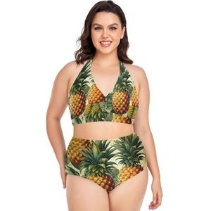 Tropische Ananas Vruchten Geel Vrouwen Bikini Sets Plus Size Badpak Twee Stukken Hoge Taille Strandkleding Meisjes Badpakken, Pop Fashon, XL