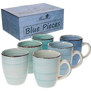 MamboCat 6-delige koffiemokkenset Blue blauwtinten 350 ml aardewerk mokken ronde drinkbeker voor warme dranken thee-pot abstract rodel-decor servies