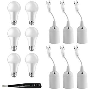 6 lampfittingen E27 met kabel en spanningstester, 15 W koudwit LED E27 gloeilamp, renovatiefitting bouwlamp