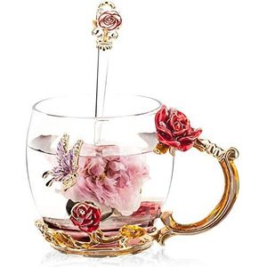 SudaTek Emaille helder glas koffiemok thee water beker met lepel handgemaakte vlinder roos geschenkset (rode roos)