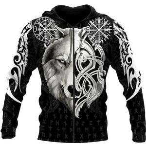 Nordic Celtic Wolf hoodie Voor Heren, 3D-tatoeageprint Viking Vegvisir Herfstsweatshirt met Lange Mouwen, Lenteklassieker Harajuku Pagan Plus maat Zip-top (Color : Zip Hoodie, Size : M)