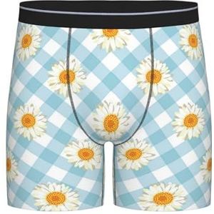 GRatka Boxer slips, heren onderbroek boxershorts, been boxer slips grappig nieuwigheid ondergoed, retro madeliefjes bloemen blauw geruit patroon, zoals afgebeeld, XL