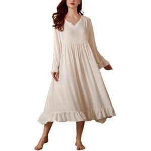 LoprNsdgt Dames Nachthemd Met Lange Wijde Mouwen, V-Hals, Elegant En Vloeiend, Geplooid Met Ruches Aan De Zoom,Wit,L