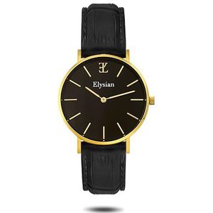 Elysian Gouden Dames Horloge met Zwart Croco Lederen Horlogeband Waterdicht 36mm