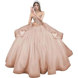 Fuomomo Quinceanera MT054 Jurken met spaghettibandjes, partyjurk met staart, Quinceanera kanten jurk met strik, Quinceanera tule met parels, White, 50/grote maten