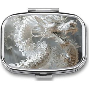 Witte Draak Stijl Gedrukt Draagbare Pil Container Reizen Pil Gevallen Met Spiegel 2 Compartiment Geneeskunde Doos Decoratieve Metalen Geneeskunde Voor Pocket Portemonnee Reizen Dagelijks