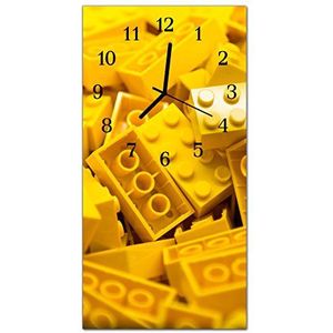 DekoGlas Glazen klok 'Lego geel' klok van echt glas, hoekig groot motief wandklok 30x60 cm, geruisloos voor woonkamer & keuken