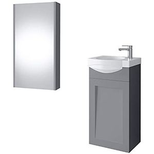 Planetmöbel Wastafelonderkast keramische wasbak spiegelkast gasten toilet badmeubel set 40 cm mat (grijs mat)