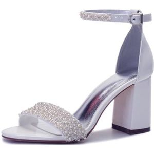 SYDZSW Sexy Hakken Schoenen Partij Bruids Hakken Satijn Sandaal Bruidsband met Strass 35-43, Wit, 43 EU
