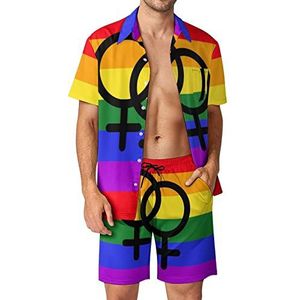 Lesbian Pride LGBT-vlag Hawaiiaanse bijpassende set voor heren, 2-delige outfits, overhemden en shorts met knopen voor strandvakantie
