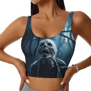 Horror Ghost Skull Print Athletic Tanktops, hoge ondersteuning, ideaal voor high-impact workouts, yoga en hardlopen, Zwart, S