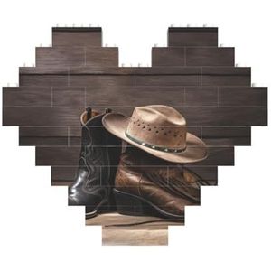 Cowboyhoed en laarzen bedrukt bouwstenen blok puzzel hartvormige foto doe-het-zelf bouwsteenpuzzel gepersonaliseerde liefdesbaksteenpuzzels voor hem, voor haar, voor geliefden