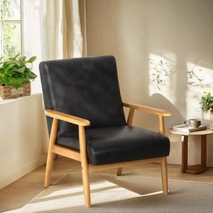 COLAMY Accentstoel van PU-leer voor woonkamer, moderne relaxfauteuil met massief houten frame en zacht kussen, leesstoel met hoge rugleuning (zwart