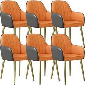 GEIRONV Lederen keukenstoelen set van 6, met ergonomische armleuningen rugleuning en koolstofstaal vergulde voetteller lounge woonkamer receptie stoel Eetstoelen (Color : Dark Gray+orange, Size : 83