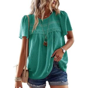 TUUHAW Top dames zomer boho blouse korte mouwen bovenstuk vloeiend elegant ronde hals T-shirt tuniek casual outfits kant kleding, turquoise, M
