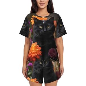 BKTRAVERPT Schattige zwarte kat en bloem dames pyjama met korte mouwen - zachte button down nachtkleding loungewear, ronde hals nachtkleding zomer pyjama sets met zakken trekkoord, 3d Gedrukt Patroon,