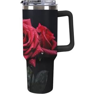 40 oz roestvrijstalen beker met handvat rode roos en zwarte bladeren grote capaciteit autobeker lekvrije reisbeker koffiemok dubbel drinkdeksel waterfles geschenken voor mannen vrouwen
