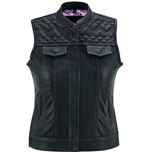 Leatherick Motorvest van zwart leer voor dames, traditionele kasjmier satijnen voering met roze en rode hartnaden, Gestikt roze hart, L
